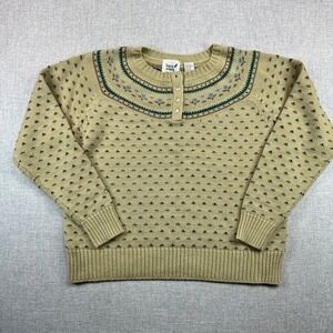 Vintage 80s Barry Ashley Fair Isle Henley Sweater Women M-L Tan Cottagecore